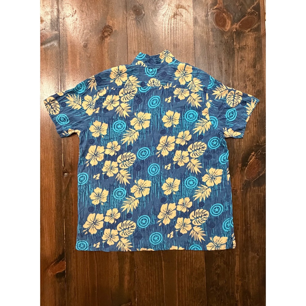 Marvel Captain America Mens XXL Blue Tropical Hibiscus Aloha Button Down Shirt - Picture 4 of 6